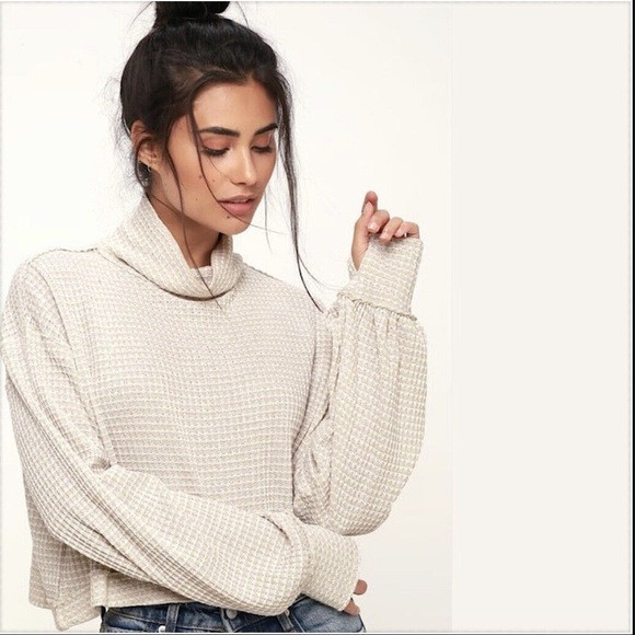 Free People Beige Waffle Knit Cropped Turtle Neck Long Sleeve Top S | Poshmark