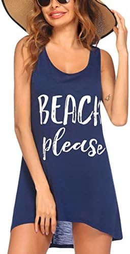 Ekouaer Women's Sleeveless Swimwear Coverups T-Shirt Beach Dress Tank Bikini Cover Up with Print | Amazon (US)