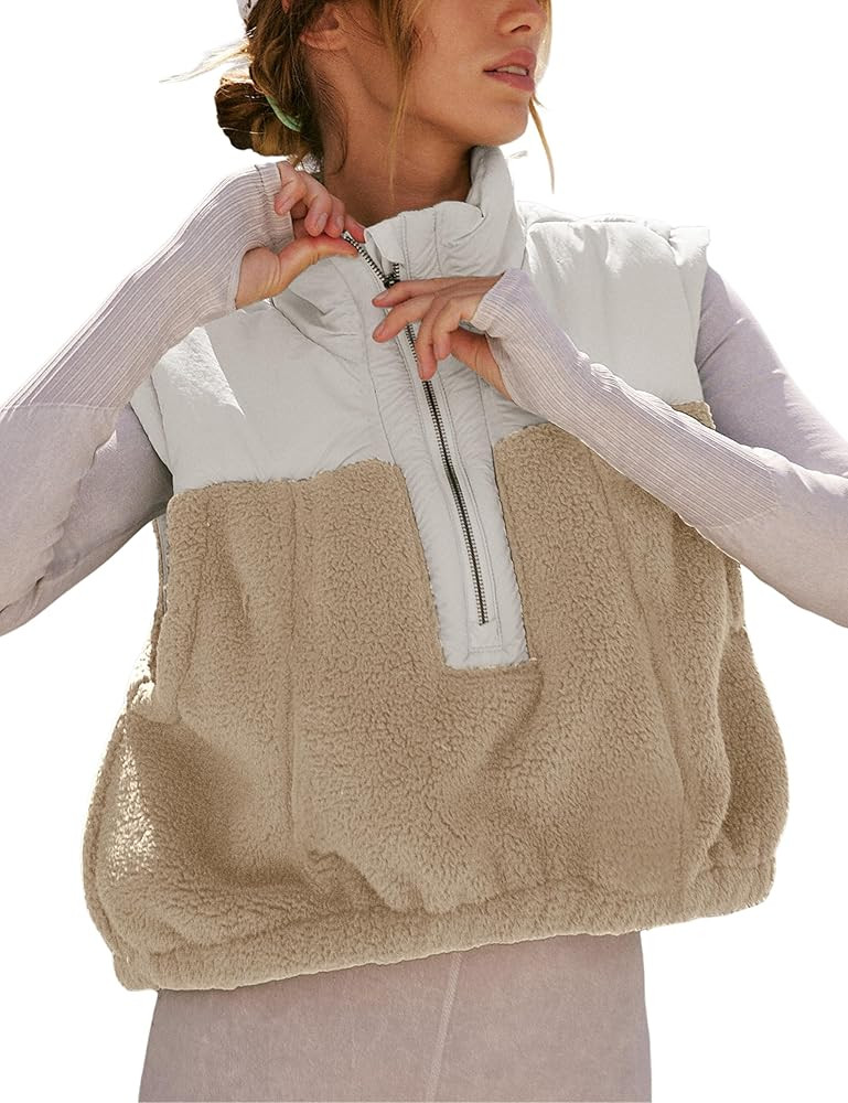 Yeokou Women Fleece Sherpa Vest Cropped Half Zip Sleeveless Warm Fuzzy Contrast Color Outwear Ves... | Amazon (US)