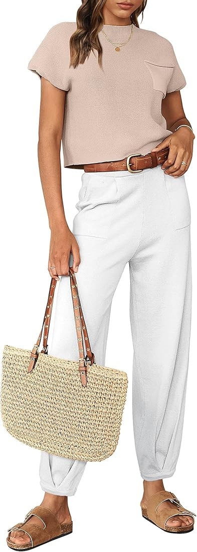 MEROKEETY Women Two Piece Outfits Sweater Sets Knit Pullover Tops High Waist Pants Lounge Set Tracks | Amazon (US)