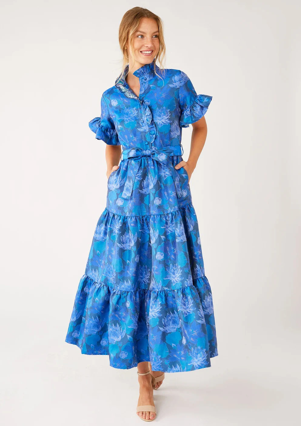 Sadie Maxi Dress Blue Floral Silhouette Jacquard | Abbey Glass