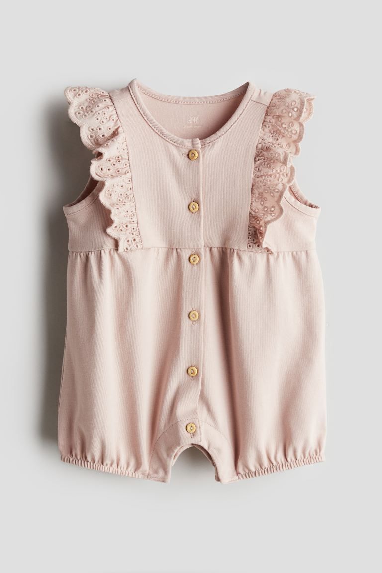 Cotton Romper Suit with Eyelet Embroidery - Round Neck - Sleeveless - Light dusty pink - Kids | H... | H&M (US + CA)