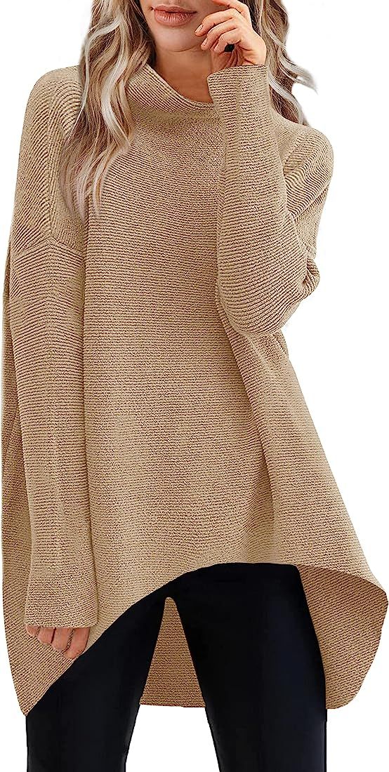 Sousuoty Womens Turtleneck Oversized Sweaters 2022 Long Batwing Sleeve Asymmetric Hem Pullover Knit  | Amazon (US)