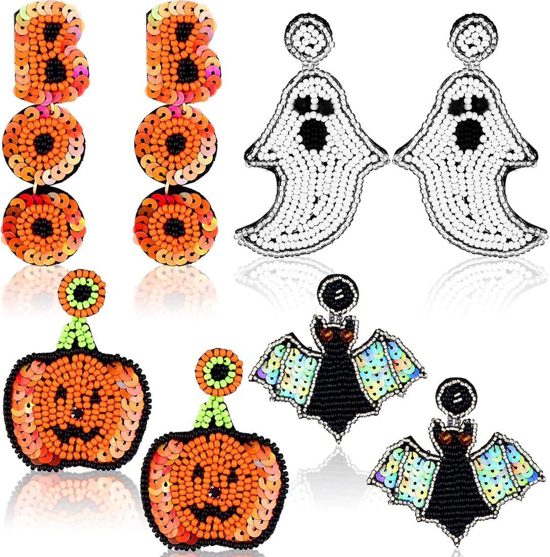 Halloween Beaded Earrings Boo Earrings for Women 4 Pair Spooky Ghost Pumpkin Bat Bead Dangle Earring | Amazon (US)