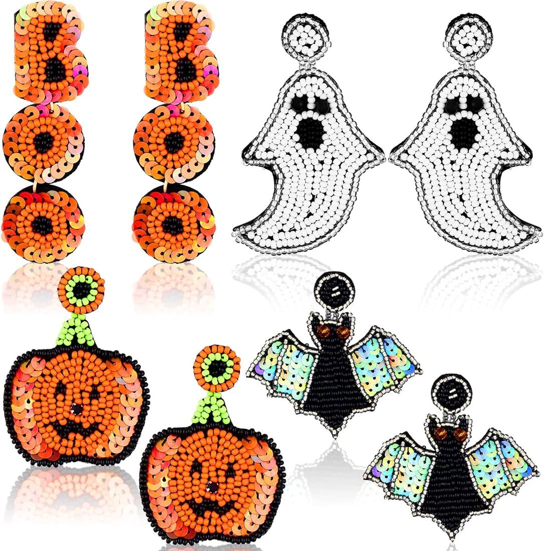 Halloween Beaded Earrings Boo Earrings for Women 4 Pair Spooky Ghost Pumpkin Bat Bead Dangle Earring | Amazon (US)