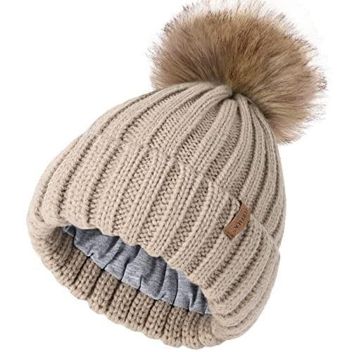 FURTALK Kids Winter Hat Toddler Knitted Beanie with Faux Fur Pom Poms for Baby Girls Boys Light Khaki,2-8 Years | Amazon (US)