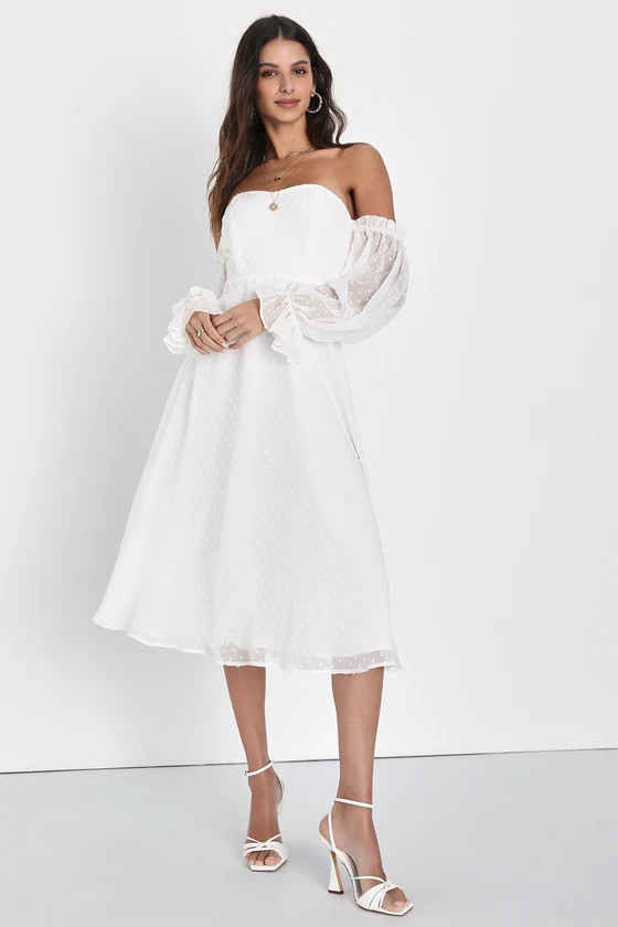Lovely Angel White Swiss Dot Off-the-Shoulder Midi Dress | Lulus