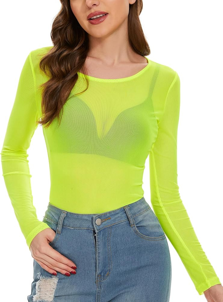 Women's Mesh Tops See Through Shirts Long Sleeve Bodycon Sheer Blouse Clubwear | Amazon (US)