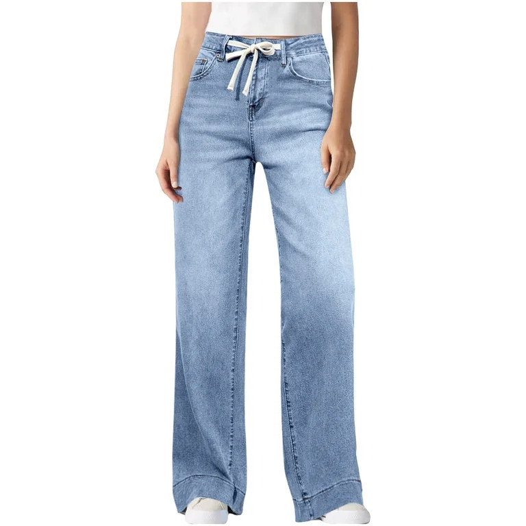 Karight Wide Leg Jeans Woman Drawstring High Waisted Stretchy Baggy Jeans Casual Loose Denim Trou... | Walmart (US)