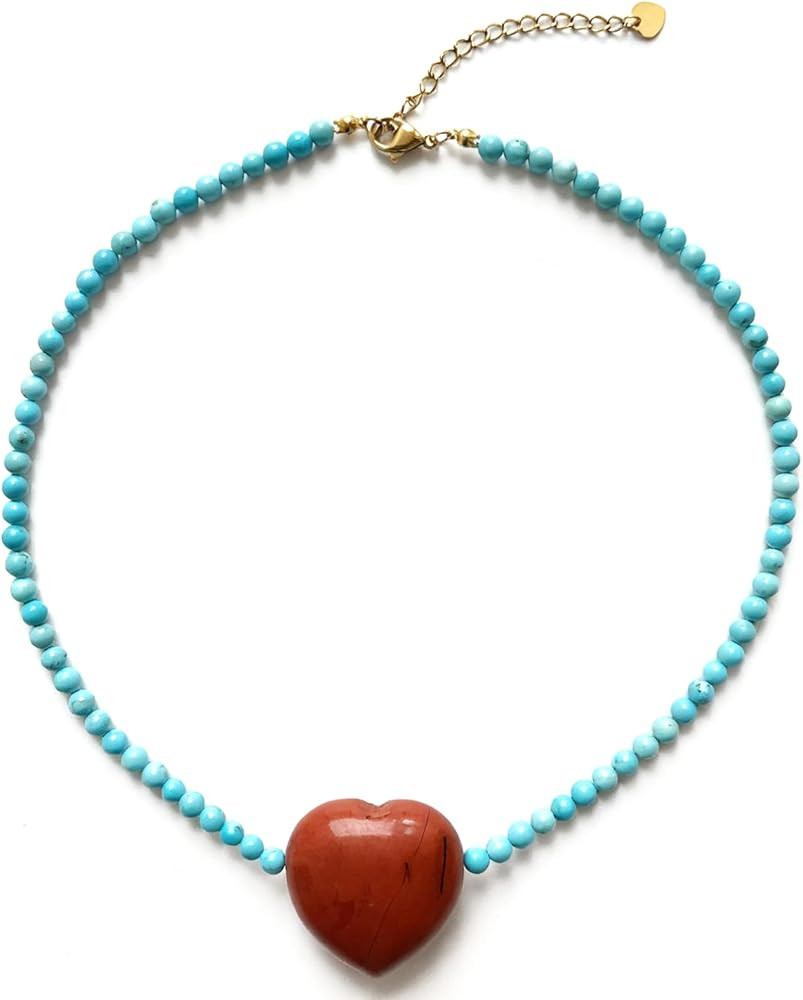 Natural Stone Beaded Choker Chunky Necklace, 18K Gold Plated Stainless Steel Peach Heart Pendant,... | Amazon (US)