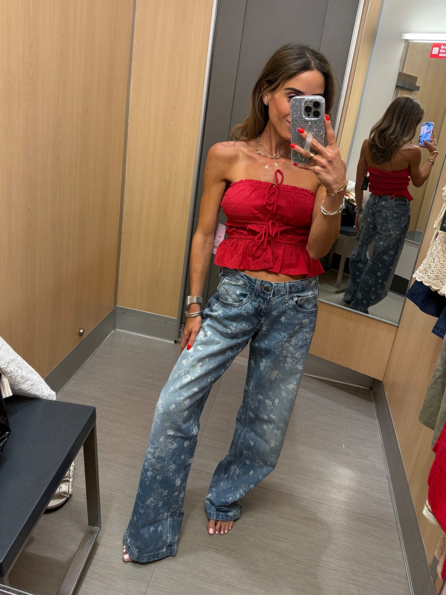 Target style red eyelet strapless top size xxs with printed low rise jeans size 00
So cute for summer 

#LTKPetite #LTKootd