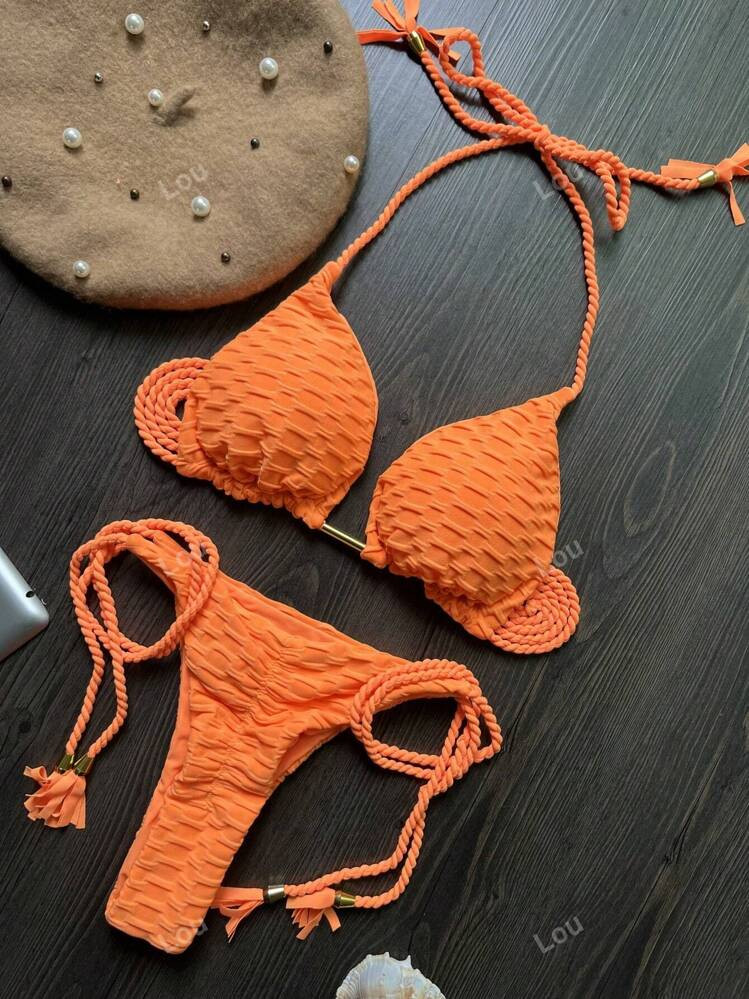 Women 2024 New Solid Handmade Braided Rope Tassel Detail Halter Bikini Set, Summer Beach Bathing ... | SHEIN