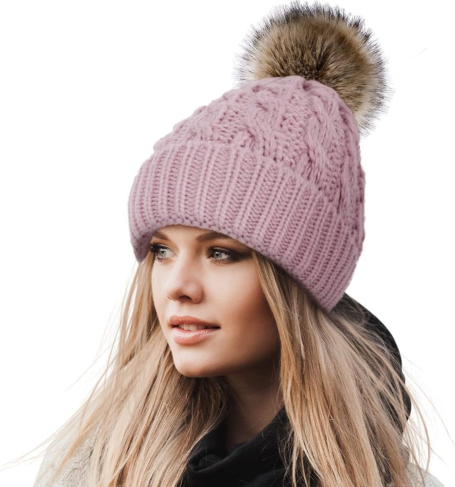 Livingston Women's Winter Soft Knit Beanie Hat with Faux Fur Pom Pom Warm Skull Cap Beanies for Wome | Amazon (US)