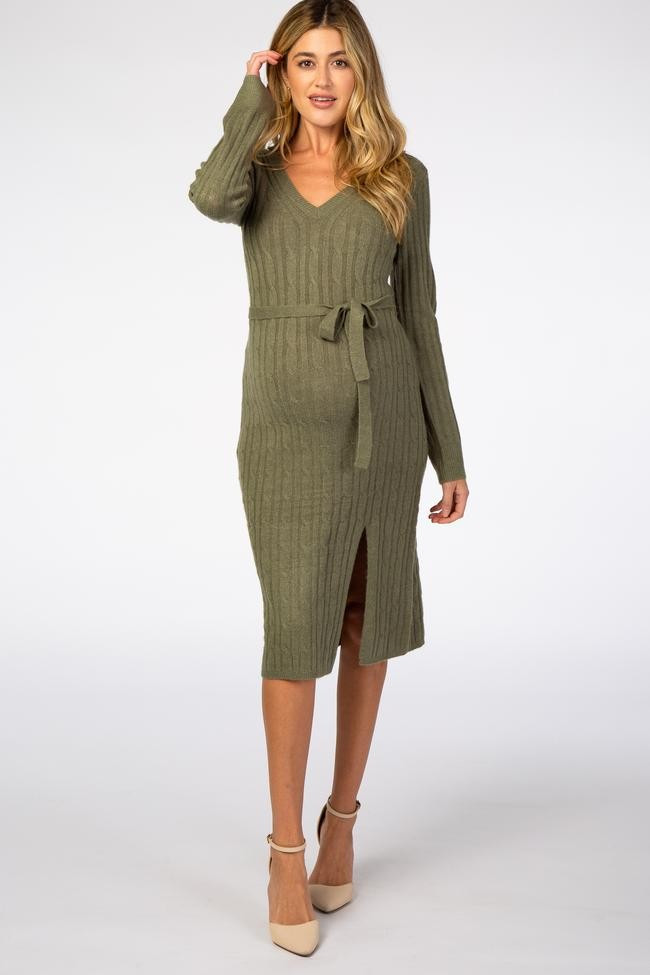 Olive Soft Brushed V-Neck Self Tie Maternity Midi Dress | PinkBlush Maternity
