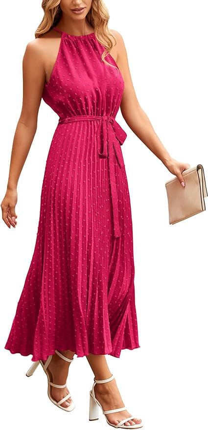 PRETTYGARDEN Women's Summer Casual Long Dress Sleeveless Halter Neck Swiss Dot Pleated Beach Maxi... | Amazon (US)
