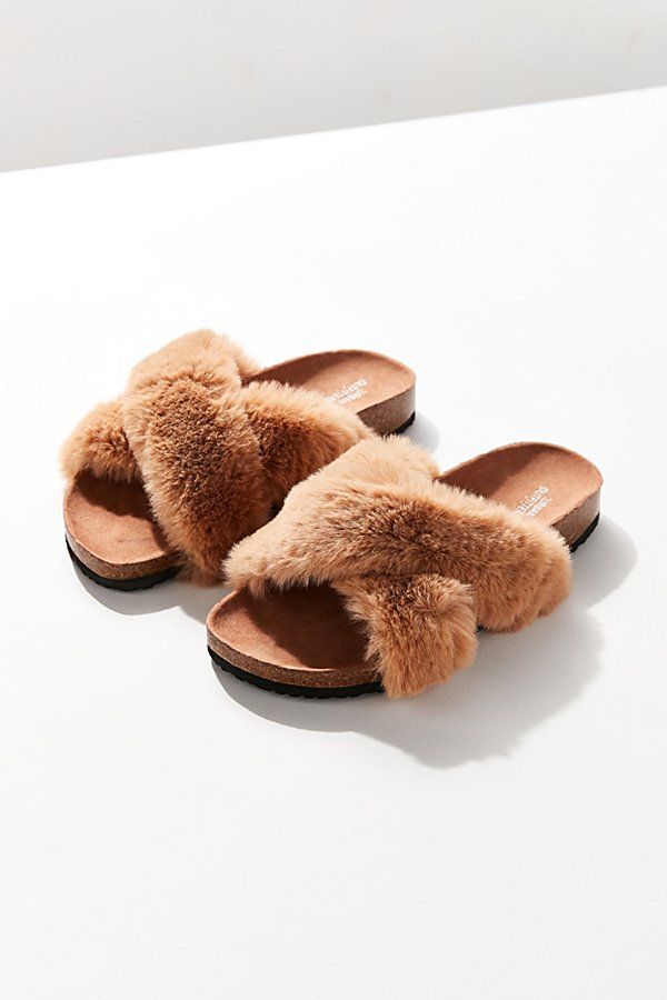 Crossed Faux Fur Slide - Brown 6 at Urban Outfitters | Urban Outfitters (US and RoW)
