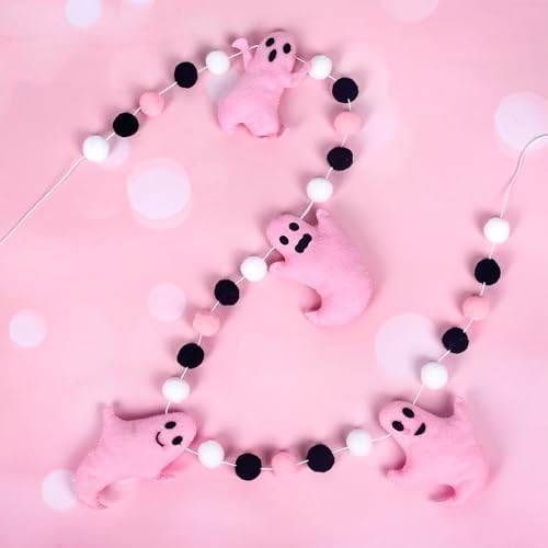 Whaline 6.6Ft Halloween Felt Banner Cute 3D Pink Ghost Hanging Garland Black Pink White Pom Ball ... | Amazon (US)