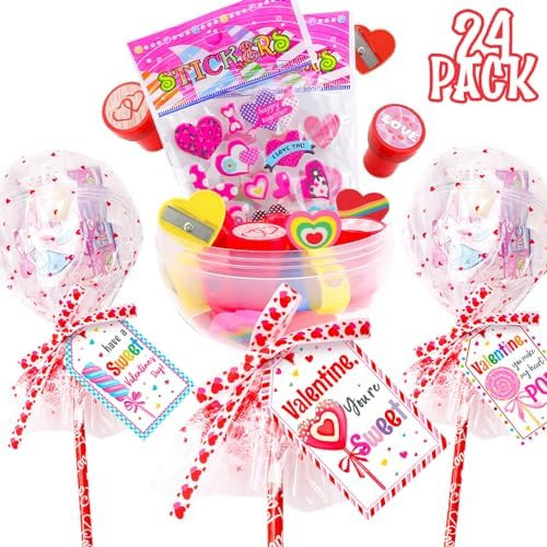 Valentines Day Gifts for Kids - 24 Pack Giant Lollipop-Shaped Stationery Set with Valentine's Car... | Amazon (US)