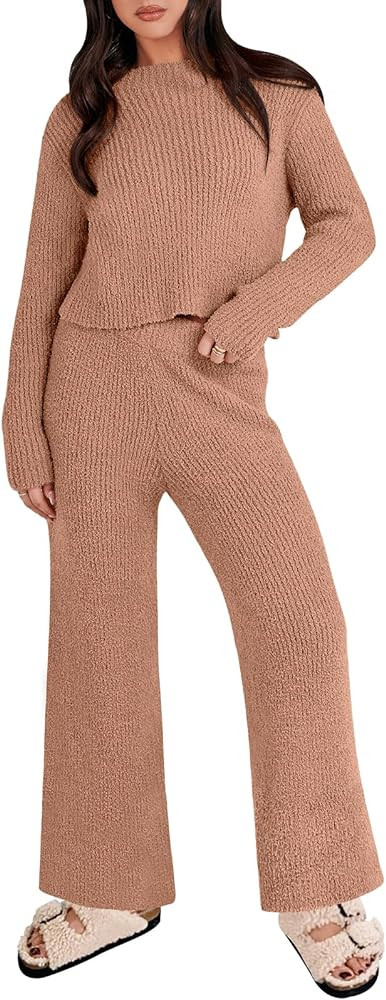 ANRABESS Women's Two Piece Outfits Chunky Knit Fuzzy Sweater Set Long Sleeve Crop Pullover Wide L... | Amazon (US)