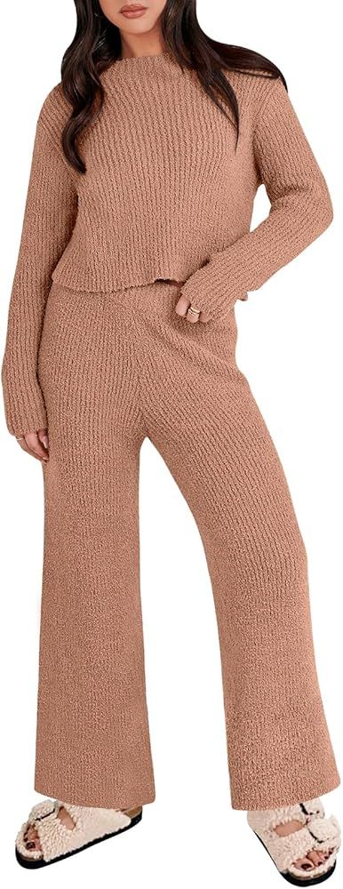 ANRABESS Women's Two Piece Outfits Chunky Knit Fuzzy Sweater Set Long Sleeve Crop Pullover Wide L... | Amazon (US)