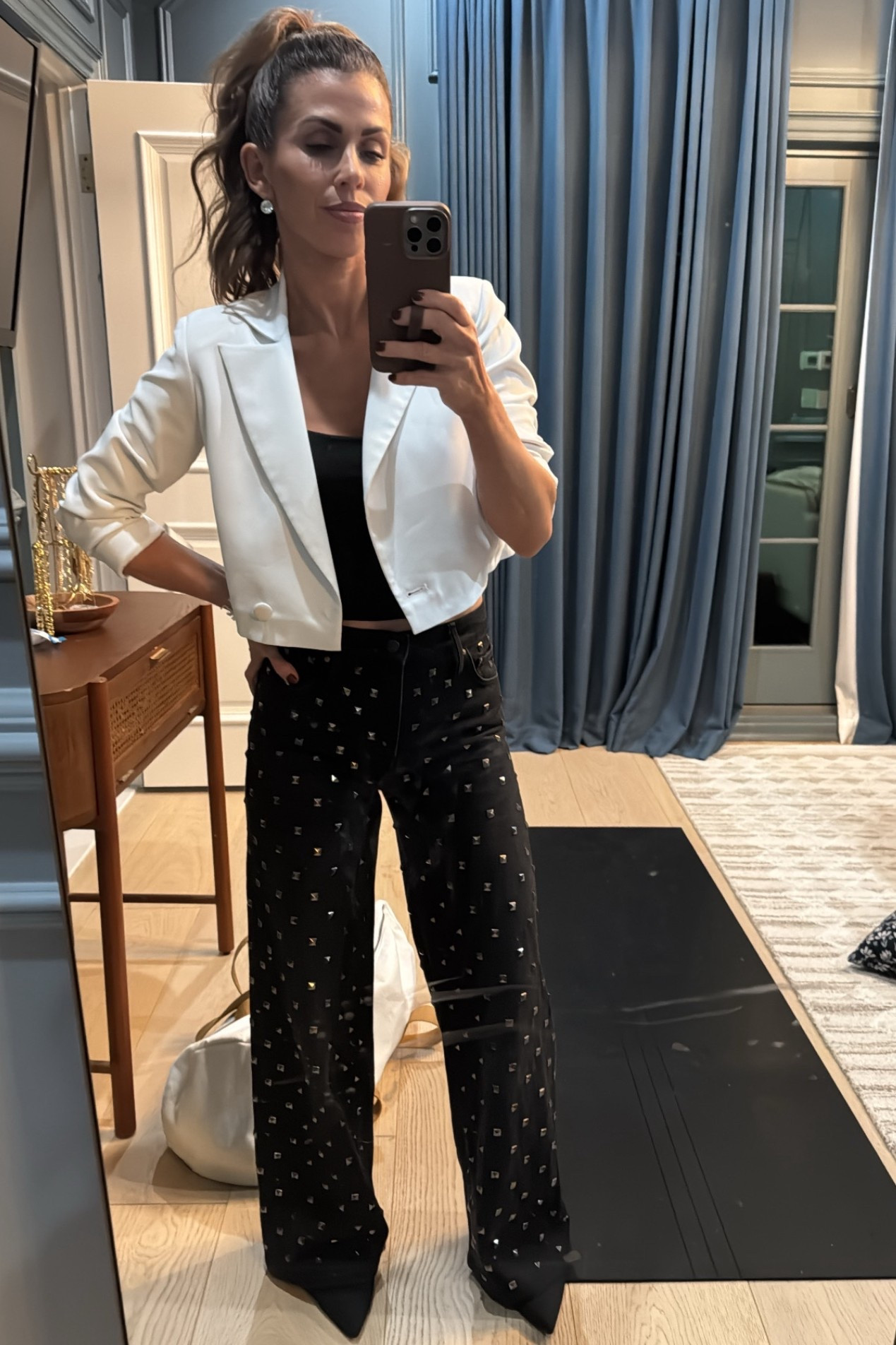 When the pants are the outfit. 💋 Studded jeans are everything! Size down 1  — they were on sale plus I opened a credit card and got 25% additional off! 😂

#LTKPetite #LTKHoliday