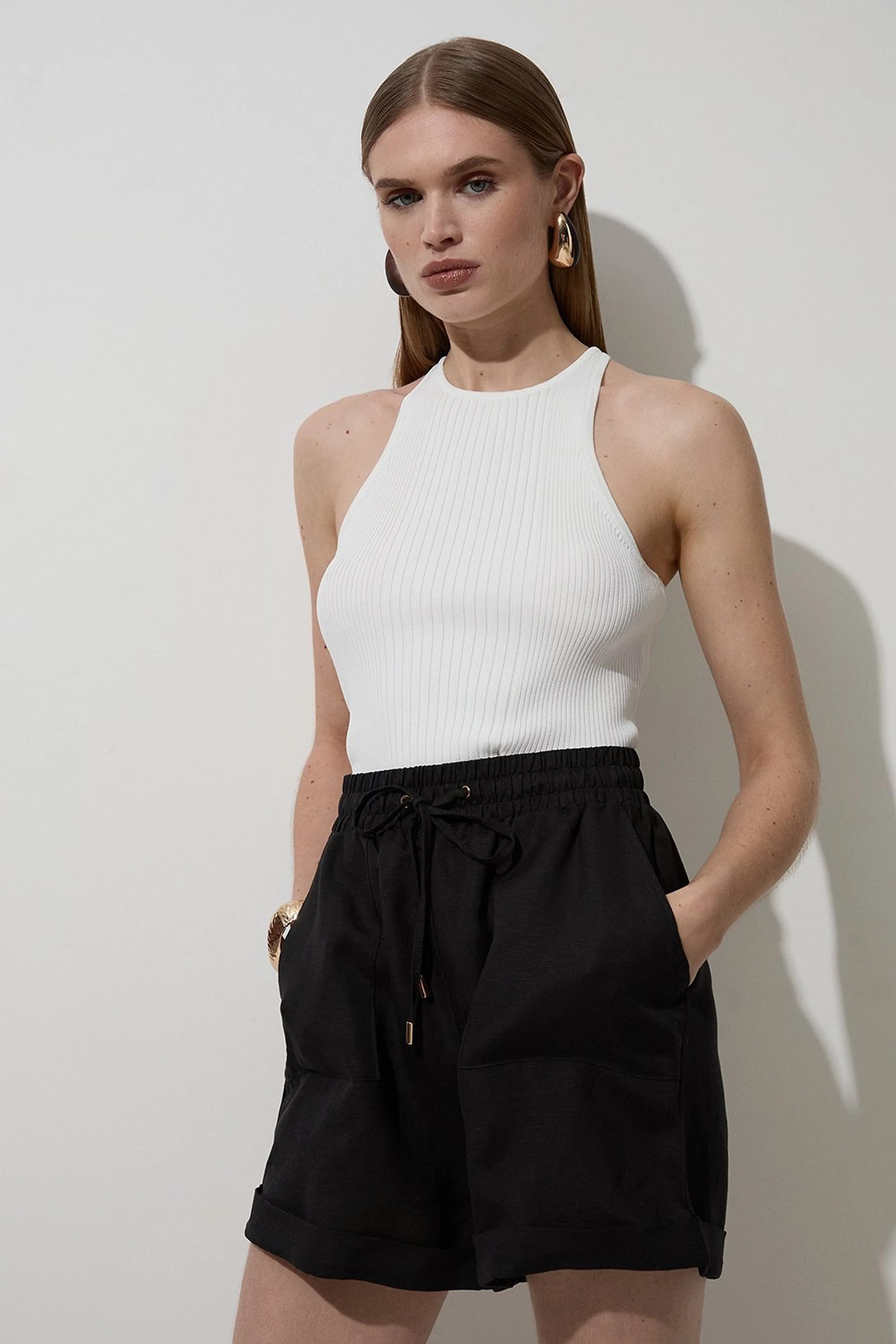 Viscose Linen Tie Waist Woven Short | Karen Millen UK + IE + DE + NL