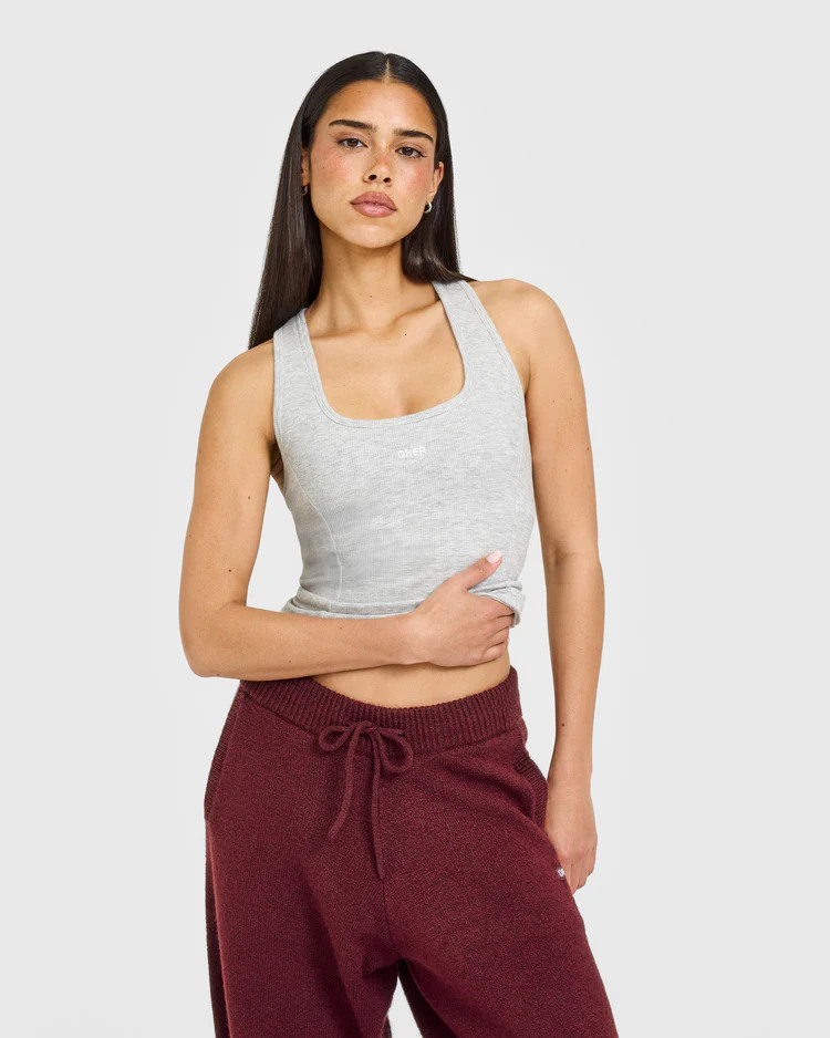 Mellow\u2122 Rib Oner Embroidered Square Neck Tank Top with Built in Bra Shelf 
 Light Gray Marl | Oner Active (UK / US)