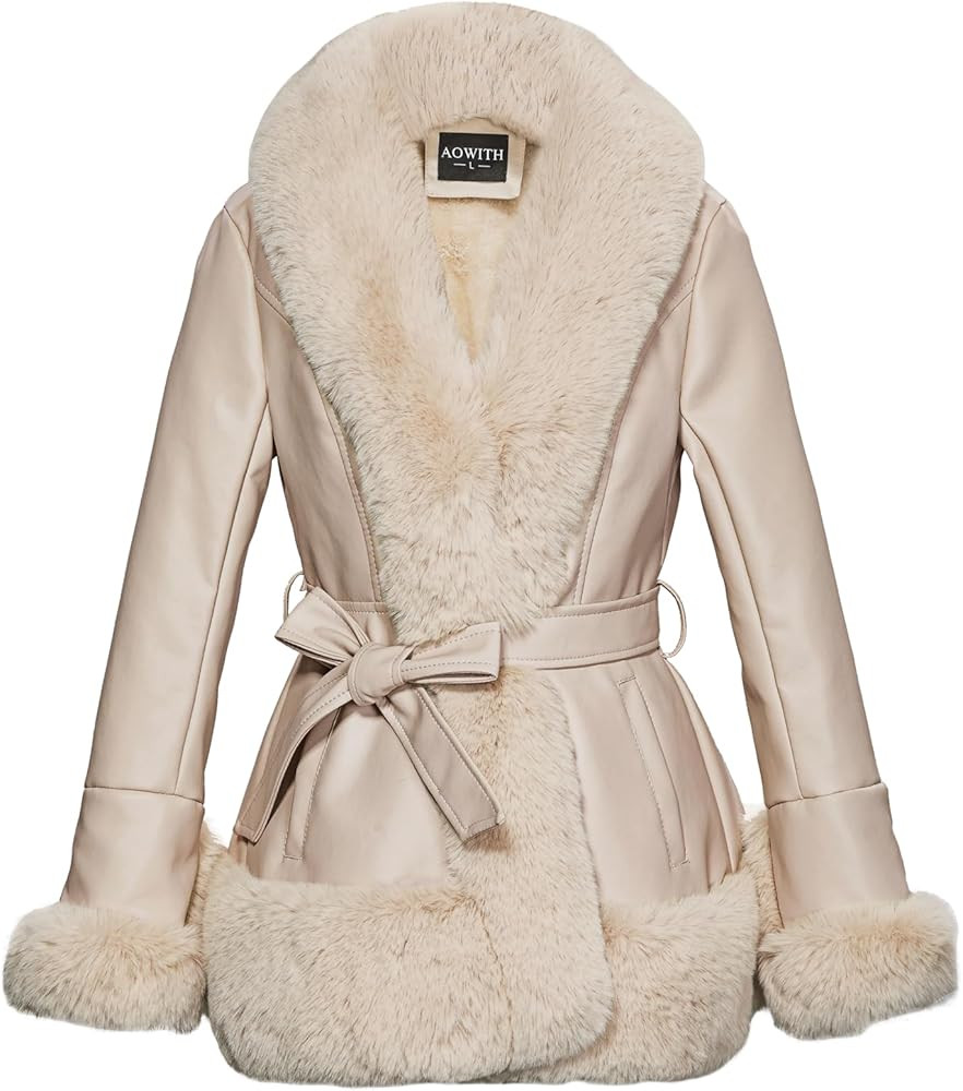 Winter Warm Faux Fur Leather Collar Jacket for Women Long Sleeve Coat With Pockets and Belt | Amazon (US)