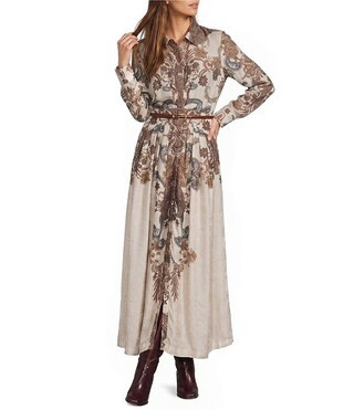 Maggie Paisley Long Sleeve Belted Dress | Dillard's