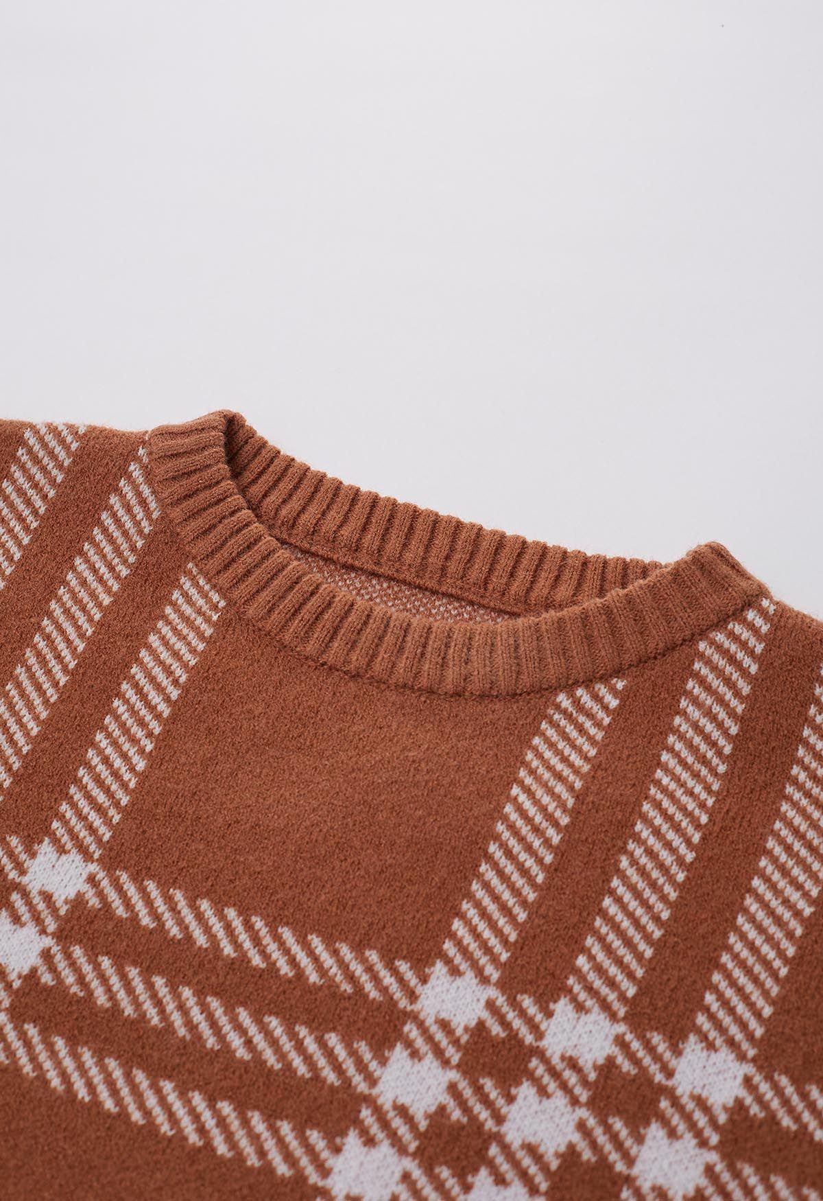 Classic Plaid Round Neck Knit Sweater in Caramel | Chicwish