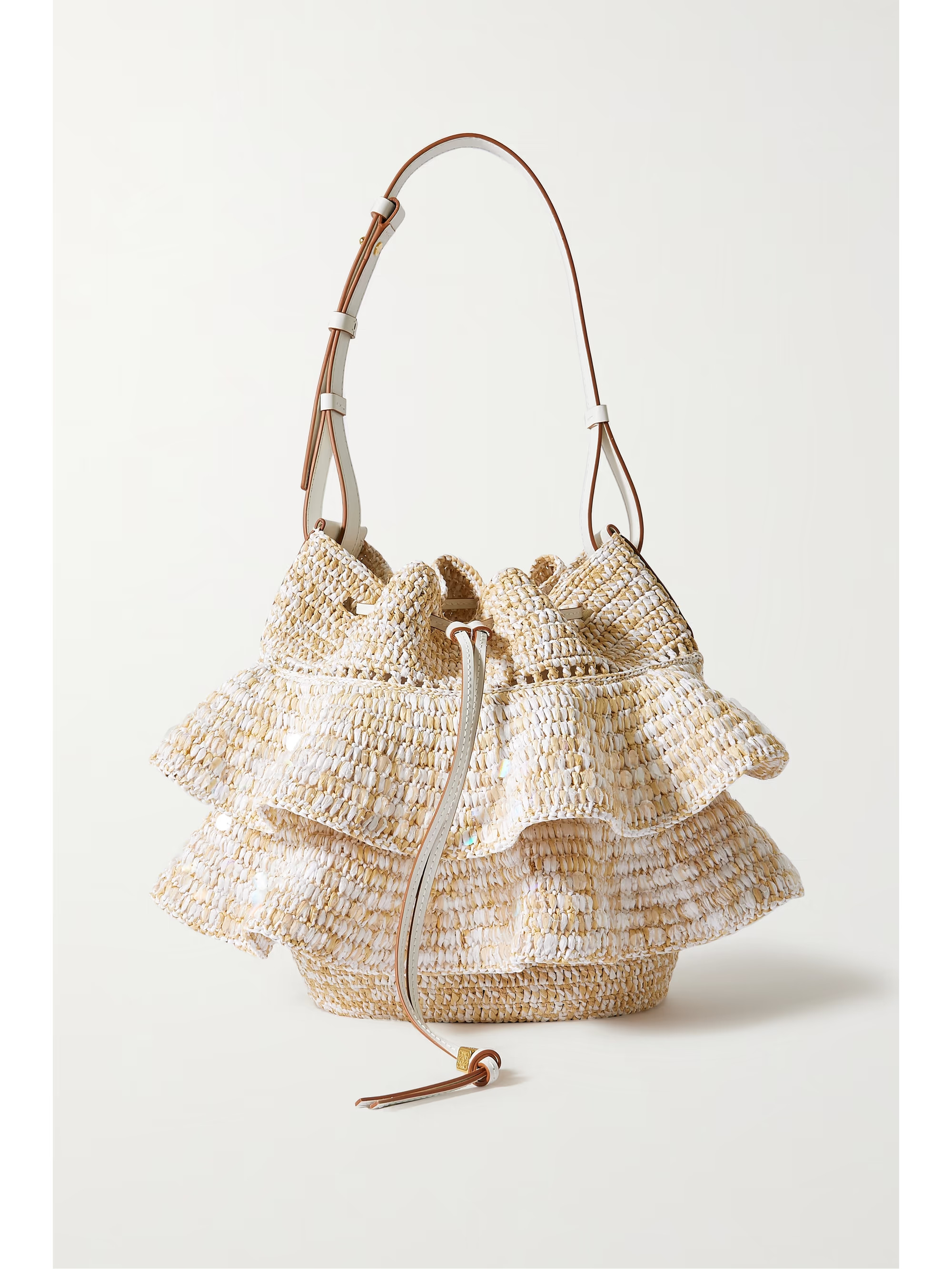 White + Paula's Ibiza Balloon ruffled leather-trimmed sequined raffia bucket bag | LOEWE | NET-A-... | NET-A-PORTER (US)