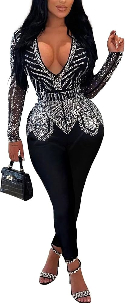 Nagfar Women Rhinestone Sexy Elegant Jumpsuits Birthday Party Evening Club Night Outfits Hot Dril... | Amazon (US)