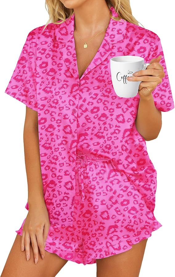HOTOUCH Womens Satin Pajamas Set Button Down 2 Piece Silk Pjs Shorts Set Ruffle Lingerie Notch Co... | Amazon (US)