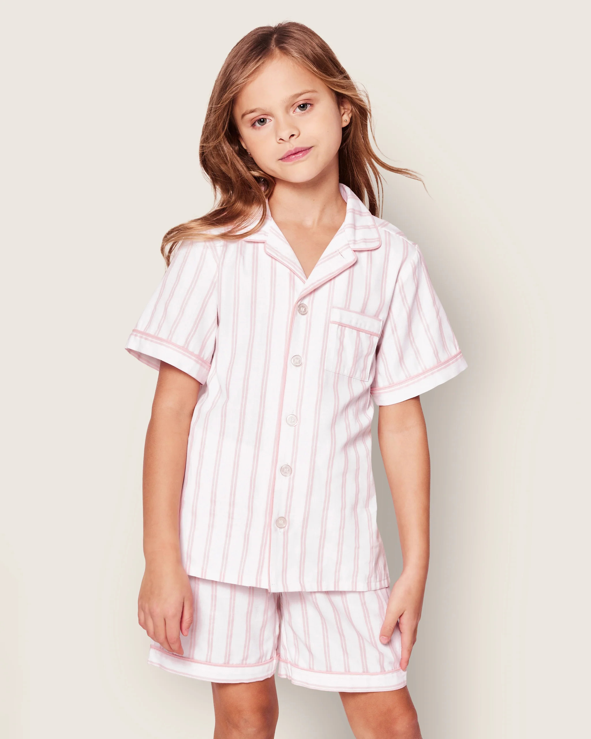 Kid's Twill Pajama Short Set in Pink Stripe | Petite Plume