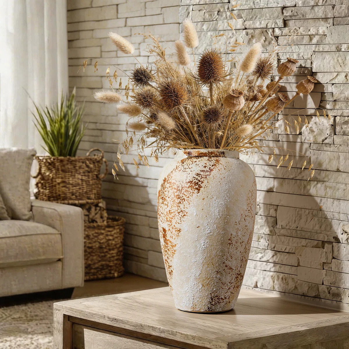 Handmade Ceramic Wide Textured Table Vase, Rustic Style Decorative Vase for Home, Office, Bedroom... | Wayfair North America