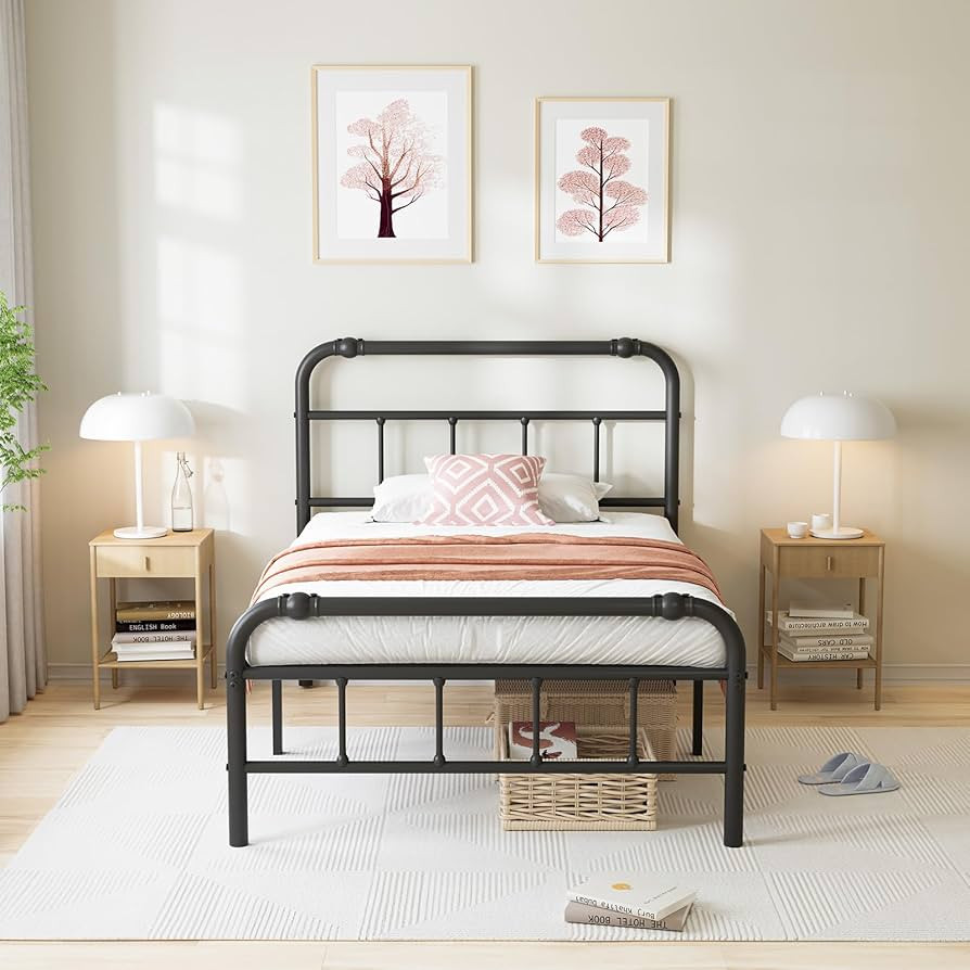Amazon.com: ZIYOO Twin Bed Frame with Headboard and Footboard, 14 Inch High, Heavy Duty Steel Sla... | Amazon (US)