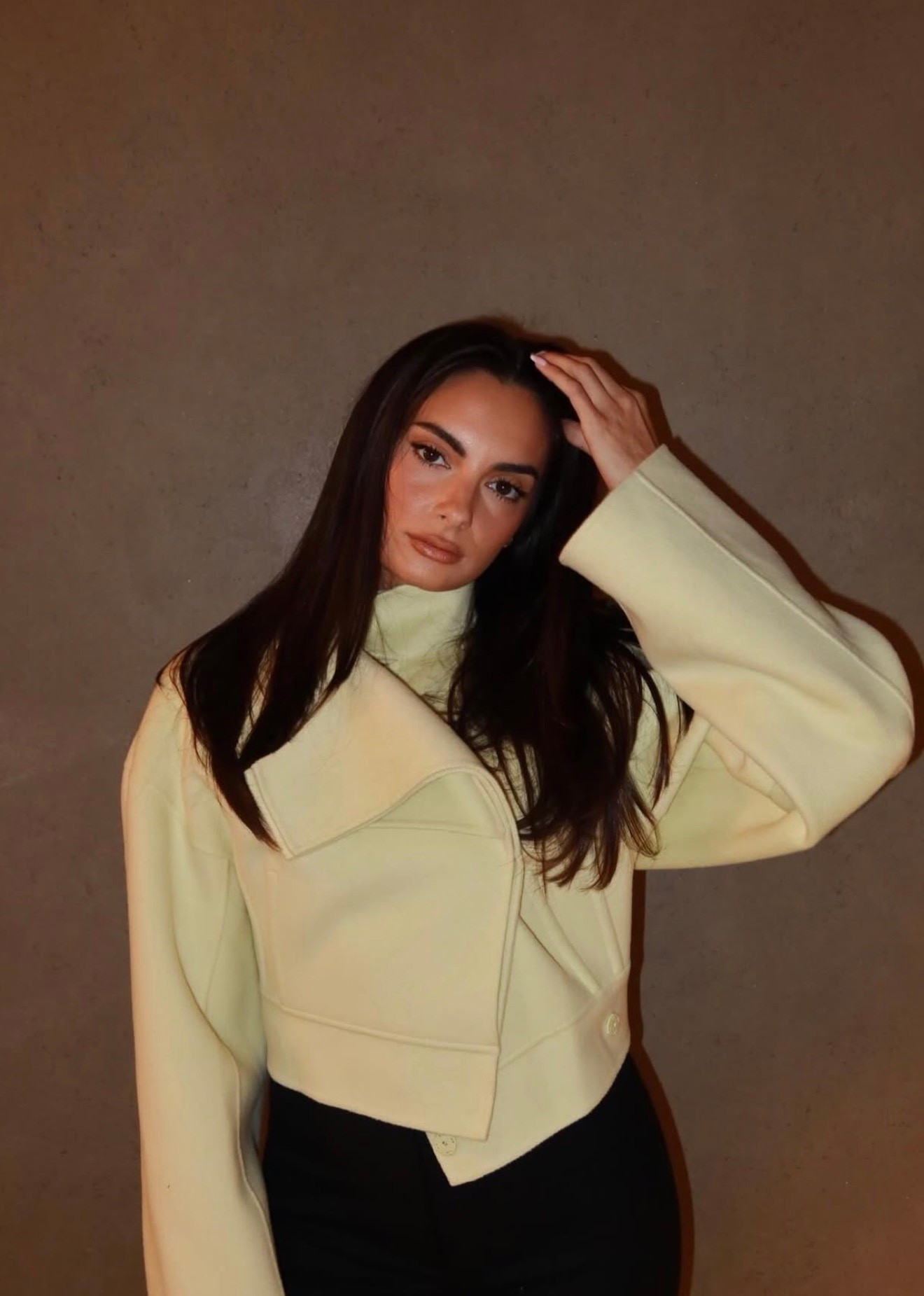 Paige Desorbo
Yellow jacket
Max Mara wool coat
Butter yellow
Giggly squad 
Look for less