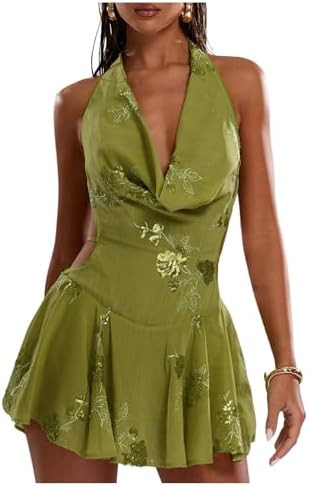 MakeMeChic Women's Floral Sequin Halter Dress Embroidery Draped A Line Y2K Mini Dresses | Amazon (US)
