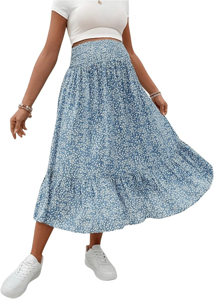 OYOANGLE Women's Maternity Floral Print Boho Midi Skirt Shirred High Waisted Flowy Casual Pregnan... | Amazon (US)