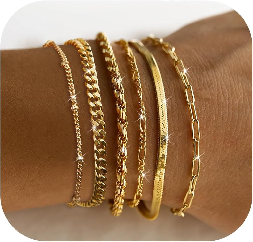 Dainty Gold Chain Bracelets Set for Women 14K Real Gold Plated Link Chain Bracelets for Women Tre... | Amazon (US)