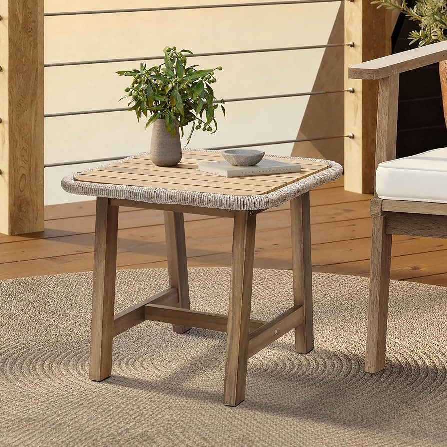 LuxenHome 17.5" Outdoor Side Table, Acacia Wood Patio End Table with Woven Wicker Trim, Small Out... | Amazon (US)