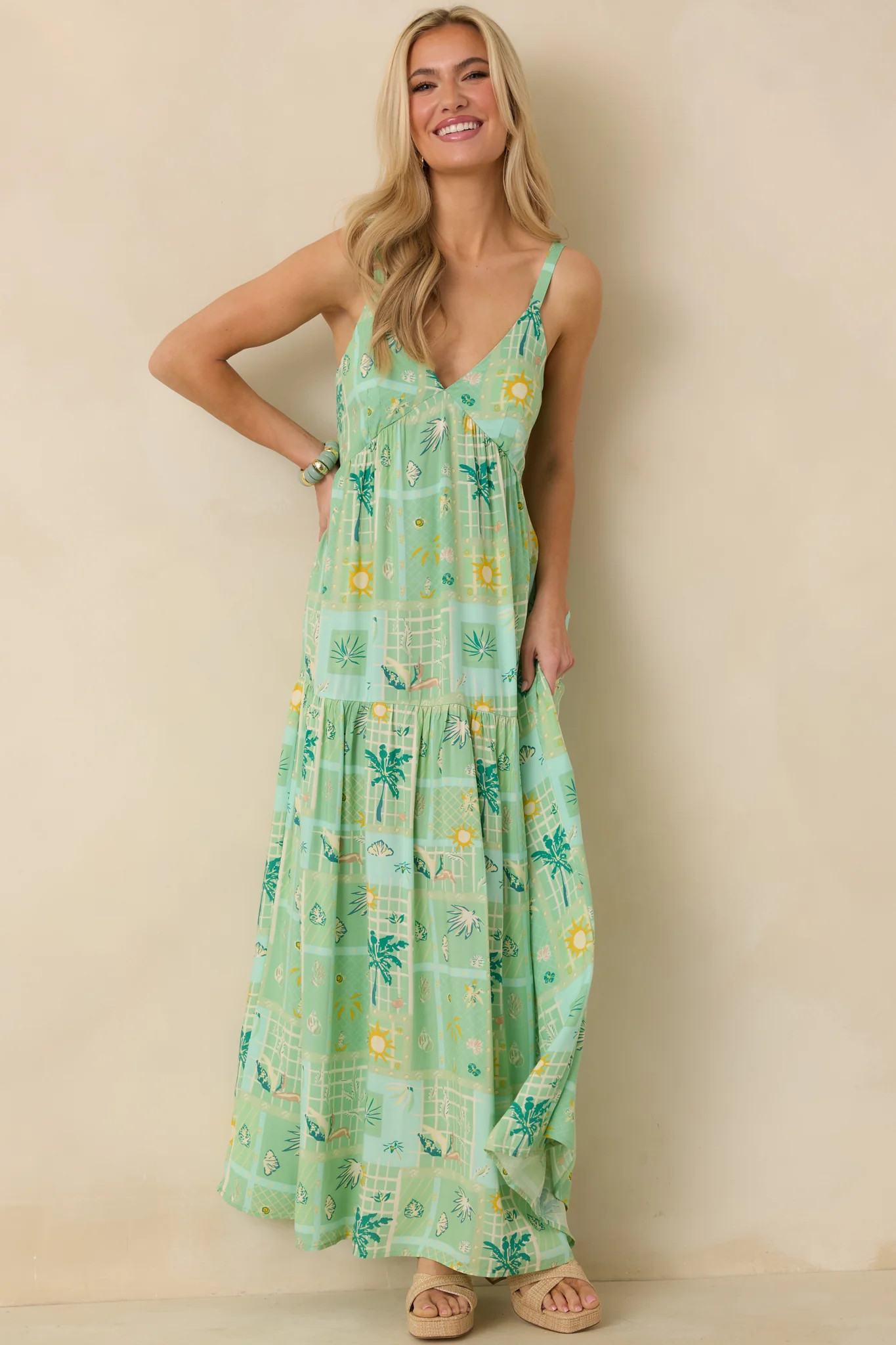 Sunlit Getaway Green Multi Tropical Sleeveless Maxi Dress | Red Dress