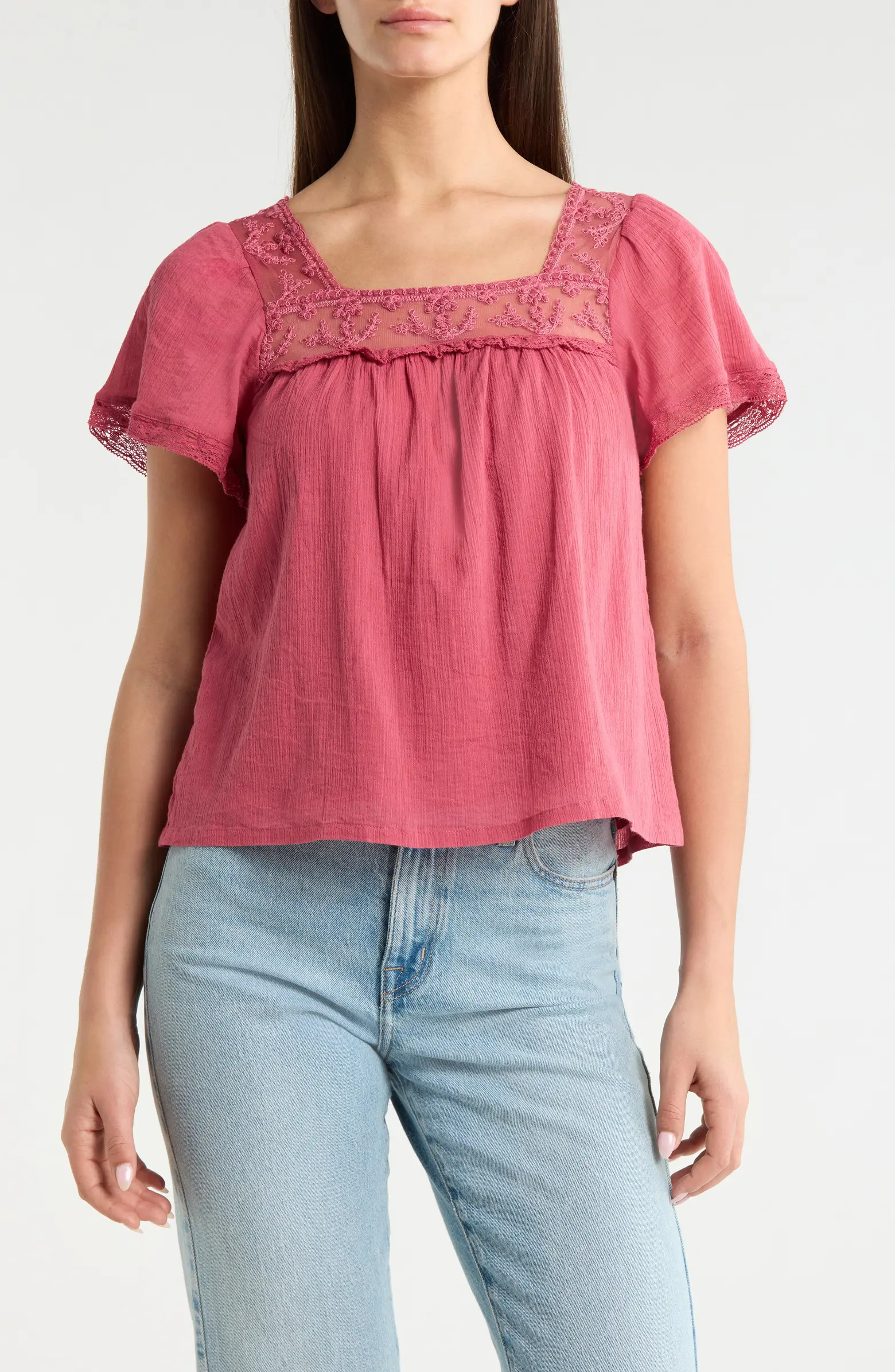 Lace Mesh Detail Square Neck Cotton Top | Nordstrom