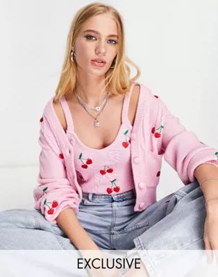 Reclaimed Vintage Inspired cable cami with cherry embroidery in pink set | ASOS (Global)