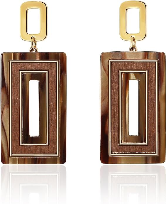 Ozel - Natural Wooden Acrylic Boho Drop Dangle Earrings for Women - Geometric Statement Jewellery... | Amazon (US)