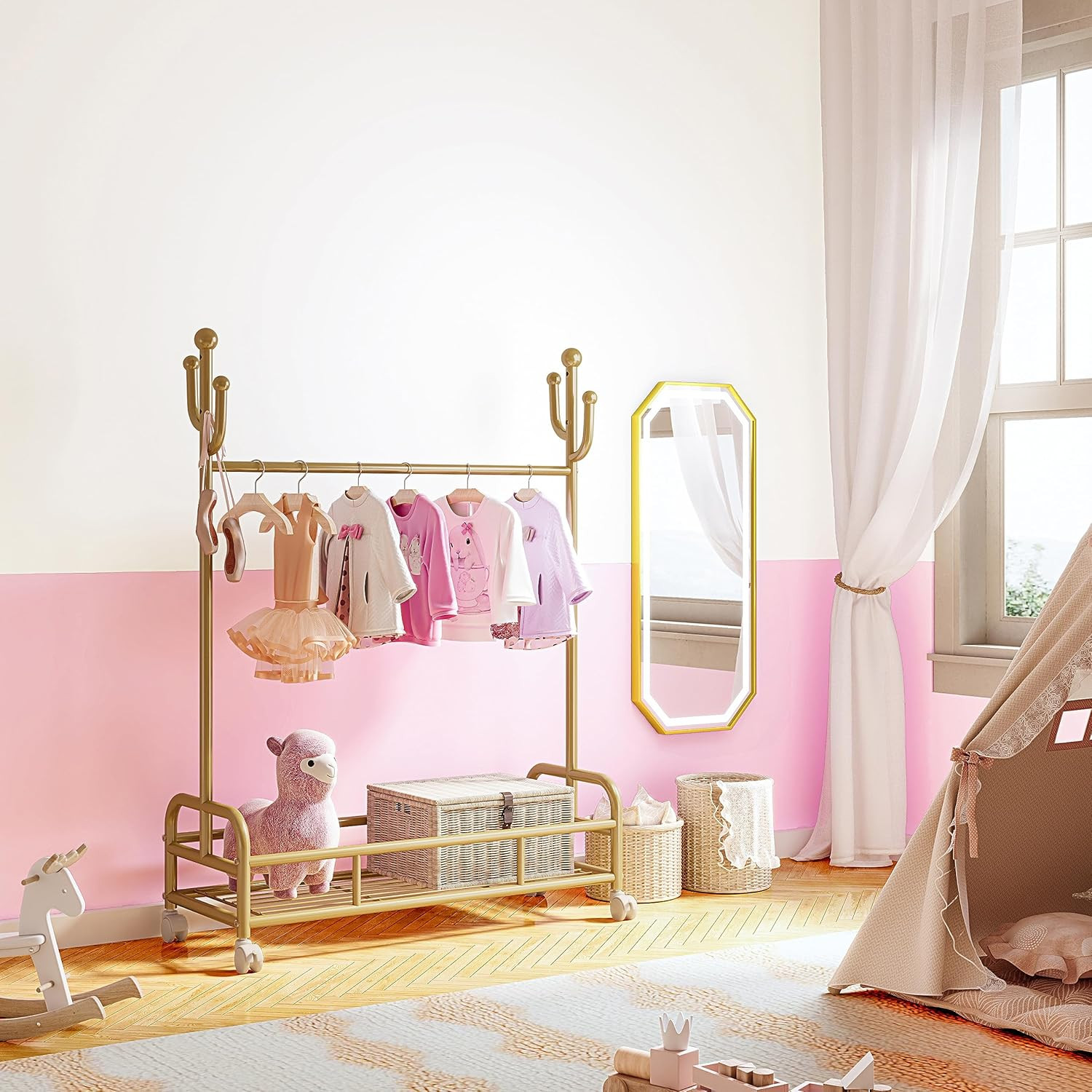 Bestier Gold Kids Clothing Rack with Wheels, Kids Garment Rack with Bottom Storage Shelf, Small M... | Amazon (US)