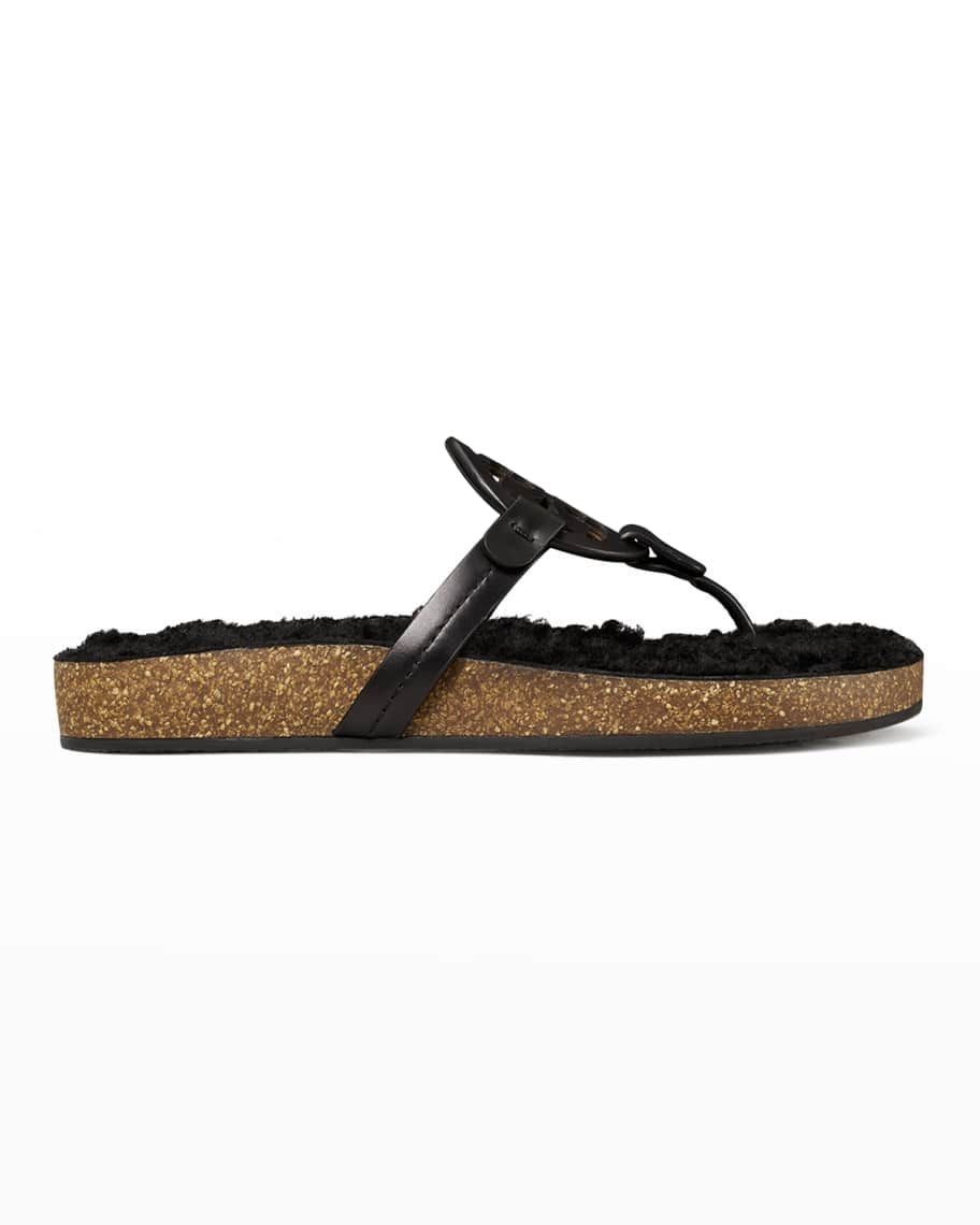 Tory Burch Miller Cloud Shearling Medallion Thong Sandals | Neiman Marcus