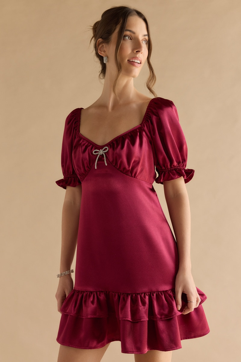 Harriet Embellished Bow Satin Dress | Francesca's