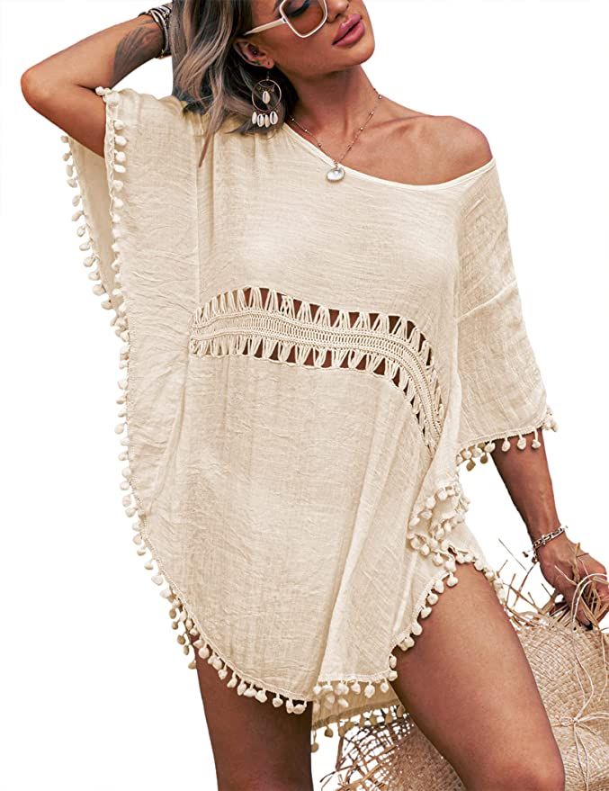 AI'MAGE Women's Crochet Chiffon Swimsuit Cover Up Summer Bathing Suit Bikini Pom Pom Beach Cover ... | Amazon (US)