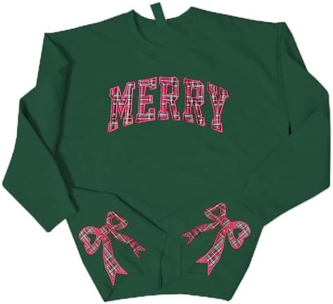 Christmas Sweatshirt Women Merry And Bright Shirts Embroidered Merry Christmas Long Sleeve Tops W... | Amazon (US)
